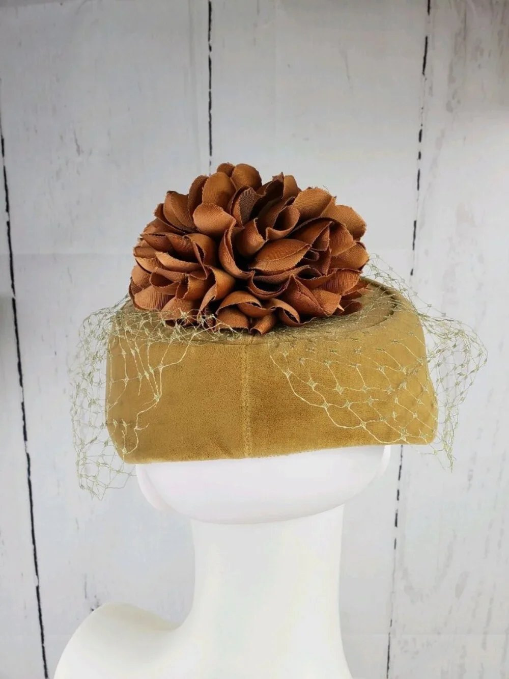 1960s Taupe Velvet Don Anderson Pillbox Hat w/ Floral Decor on Top & Netting